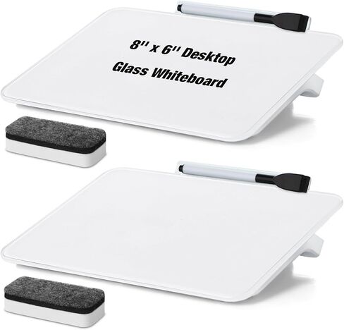 Fulmoon 2 Sets 8 x 6 Inches Small Glass Desktop Whiteboard with Accessories Dry Erase Board with Marker Pen Eraser Dry Erase Desk Pad Dry Erase Desktop Board for Office Home School Supplies, White in Saudi Arabia