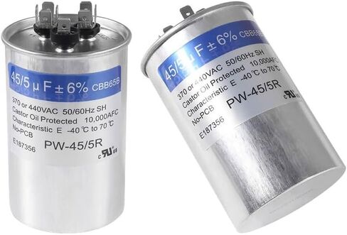 2PACK 45+5 فائق التوهج 45/5 MFD ±6% 370V/440VAC CBB65 مكثف تشغيل دائري مزدوج لمكيف الهواء المستقيم البارد أو الحراري أو محرك التيار المتردد وبدء تشغيل المروحة in Saudi Arabia