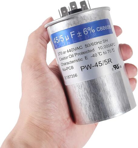 2PACK 45+5 فائق التوهج 45/5 MFD ±6% 370V/440VAC CBB65 مكثف تشغيل دائري مزدوج لمكيف الهواء المستقيم البارد أو الحراري أو محرك التيار المتردد وبدء تشغيل المروحة in Saudi Arabia