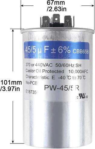 2PACK 45+5 فائق التوهج 45/5 MFD ±6% 370V/440VAC CBB65 مكثف تشغيل دائري مزدوج لمكيف الهواء المستقيم البارد أو الحراري أو محرك التيار المتردد وبدء تشغيل المروحة in Saudi Arabia