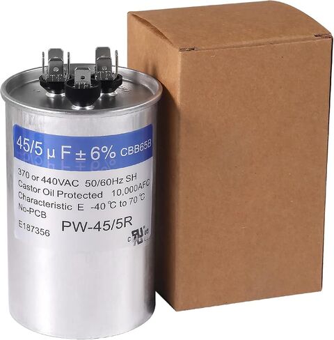 2PACK 45+5 فائق التوهج 45/5 MFD ±6% 370V/440VAC CBB65 مكثف تشغيل دائري مزدوج لمكيف الهواء المستقيم البارد أو الحراري أو محرك التيار المتردد وبدء تشغيل المروحة in Saudi Arabia