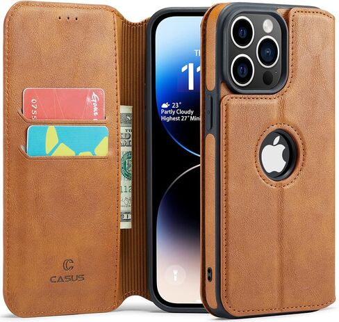 Casus Logo View Compatible with iPhone 14 Pro Max Wallet Case Slim Faux Leather with Card Holder Slot Thin Magnetic Flip Cover (2022) 6.7" (Black) in Saudi Arabia