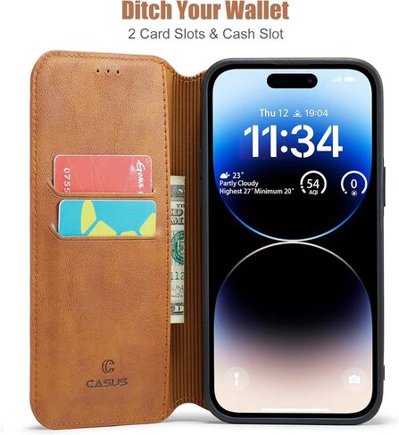 Casus Logo View Compatible with iPhone 14 Pro Max Wallet Case Slim Faux Leather with Card Holder Slot Thin Magnetic Flip Cover (2022) 6.7" (Black) in Saudi Arabia