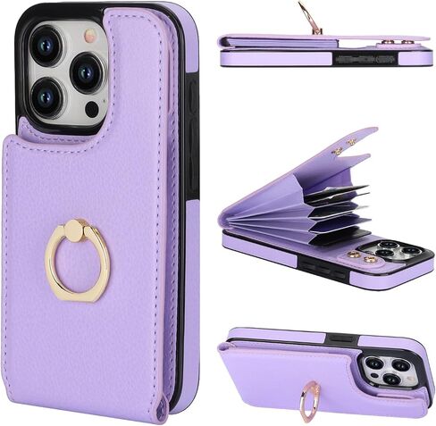 Folosu Compatible with iPhone 15 Pro Case Wallet with Card Holder, 360°Rotation Finger Ring Holder Kickstand, RFID Blocking Leather Protective Double Buttons Shockproof Cover 6.1 Inch Black in Saudi Arabia