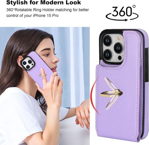 Folosu Compatible with iPhone 15 Pro Case Wallet with Card Holder, 360°Rotation Finger Ring Holder Kickstand, RFID Blocking Leather Protective Double Buttons Shockproof Cover 6.1 Inch Black in Saudi Arabia