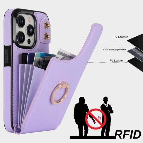 Folosu Compatible with iPhone 15 Pro Case Wallet with Card Holder, 360°Rotation Finger Ring Holder Kickstand, RFID Blocking Leather Protective Double Buttons Shockproof Cover 6.1 Inch Black in Saudi Arabia