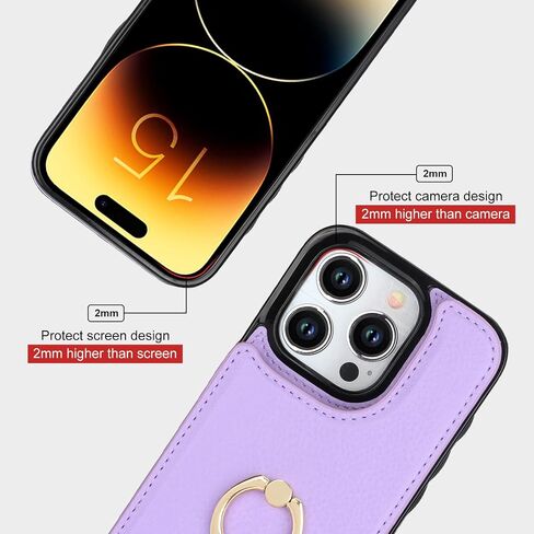 Folosu Compatible with iPhone 15 Pro Case Wallet with Card Holder, 360°Rotation Finger Ring Holder Kickstand, RFID Blocking Leather Protective Double Buttons Shockproof Cover 6.1 Inch Black in Saudi Arabia