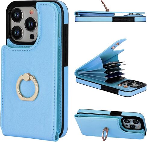 Folosu Compatible with iPhone 15 Pro Case Wallet with Card Holder, 360°Rotation Finger Ring Holder Kickstand, RFID Blocking Leather Protective Double Buttons Shockproof Cover 6.1 Inch Black in Saudi Arabia