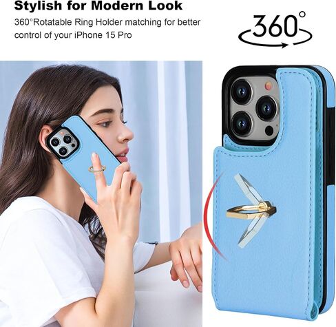 Folosu Compatible with iPhone 15 Pro Case Wallet with Card Holder, 360°Rotation Finger Ring Holder Kickstand, RFID Blocking Leather Protective Double Buttons Shockproof Cover 6.1 Inch Black in Saudi Arabia
