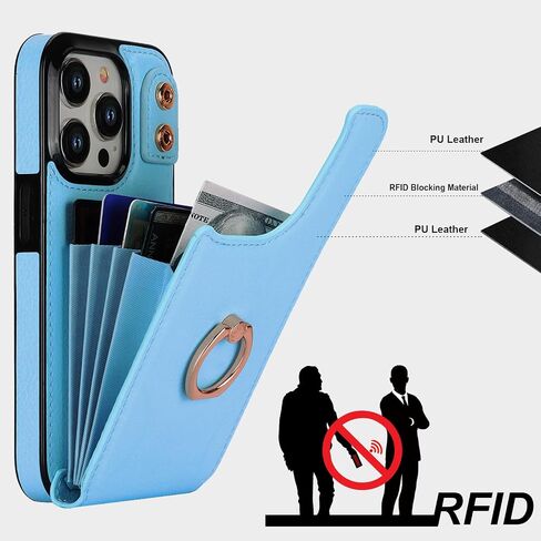 Folosu Compatible with iPhone 15 Pro Case Wallet with Card Holder, 360°Rotation Finger Ring Holder Kickstand, RFID Blocking Leather Protective Double Buttons Shockproof Cover 6.1 Inch Black in Saudi Arabia