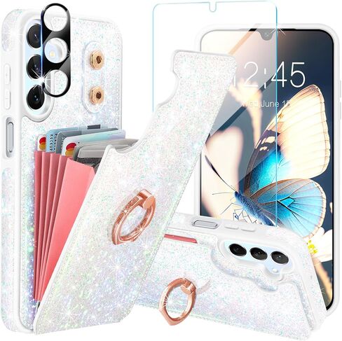 حافظة لهاتف Samsung Galaxy A15 5G مع [واقي شاشة + واقي عدسة الكاميرا] [حامل بطاقات RFID وحامل حلقي 360 درجة] غطاء هاتف Samsung A15 مقاوم للصدمات، ذهبي وردي in Saudi Arabia