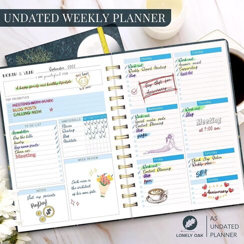 مخطط أسبوعي غير مؤرخ، مخطط تكوين العادات/تعزيز المهارات، جدول الأهداف الأسبوعية، مخطط أكاديمي، متتبع العادات لمدة 57 أسبوعًا، مخطط يومي غير مؤرخ، مجلة الامتنان (الطاووس الأخضر) in Kuwait