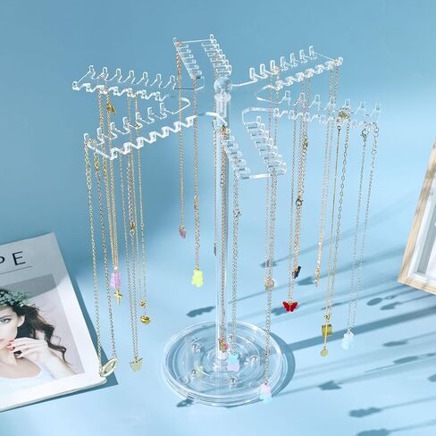 OAOLEER Rotating Acrylic Necklace Organizer，Clear Necklace Holder Stand，Jewelry Organizer Display Tree Hanger Rack with 84 Hooks for Necklaces Chain Pendant Bracelets Ring Watch in Kuwait
