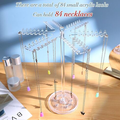 OAOLEER Rotating Acrylic Necklace Organizer，Clear Necklace Holder Stand，Jewelry Organizer Display Tree Hanger Rack with 84 Hooks for Necklaces Chain Pendant Bracelets Ring Watch in Kuwait