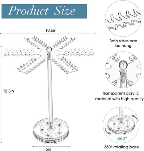 OAOLEER Rotating Acrylic Necklace Organizer，Clear Necklace Holder Stand，Jewelry Organizer Display Tree Hanger Rack with 84 Hooks for Necklaces Chain Pendant Bracelets Ring Watch in Kuwait