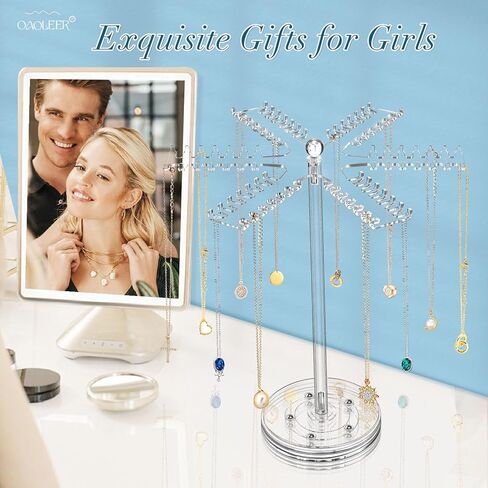 OAOLEER Rotating Acrylic Necklace Organizer，Clear Necklace Holder Stand，Jewelry Organizer Display Tree Hanger Rack with 84 Hooks for Necklaces Chain Pendant Bracelets Ring Watch in Kuwait