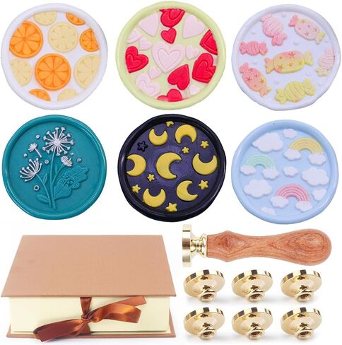 Wax Seal Stamp kit, 6pcs Wax Seal Stamp Head & 1 Wooden Handle Letter Wax Seal Kit, 6 Designs (Orange, Love, Candy, Dandelion, Moon and Stars, Rainbow) for Wedding Invitation (Lovely Image Series) in Saudi Arabia