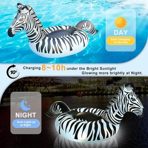 Inflatable Pool Floats Adult, Zebra Pool Float w/Solar Lights, Thicken PVC Large Pool Floats with Cup Holder&2 Handles, Glow in The Dark Pool Floaties Lounger for Pool Party Summer Water Fun in Kuwait