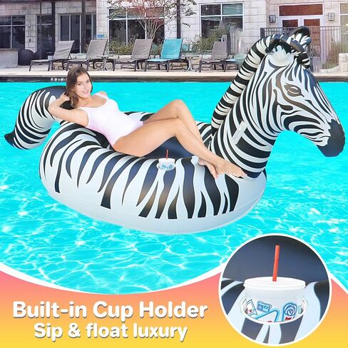 Inflatable Pool Floats Adult, Zebra Pool Float w/Solar Lights, Thicken PVC Large Pool Floats with Cup Holder&2 Handles, Glow in The Dark Pool Floaties Lounger for Pool Party Summer Water Fun in Kuwait