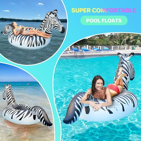 Inflatable Pool Floats Adult, Zebra Pool Float w/Solar Lights, Thicken PVC Large Pool Floats with Cup Holder&2 Handles, Glow in The Dark Pool Floaties Lounger for Pool Party Summer Water Fun in Kuwait