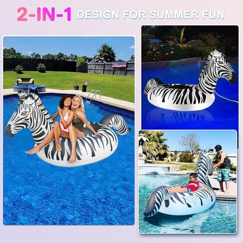 Inflatable Pool Floats Adult, Zebra Pool Float w/Solar Lights, Thicken PVC Large Pool Floats with Cup Holder&2 Handles, Glow in The Dark Pool Floaties Lounger for Pool Party Summer Water Fun in Kuwait