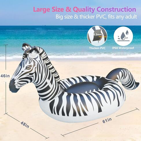 Inflatable Pool Floats Adult, Zebra Pool Float w/Solar Lights, Thicken PVC Large Pool Floats with Cup Holder&2 Handles, Glow in The Dark Pool Floaties Lounger for Pool Party Summer Water Fun in Kuwait