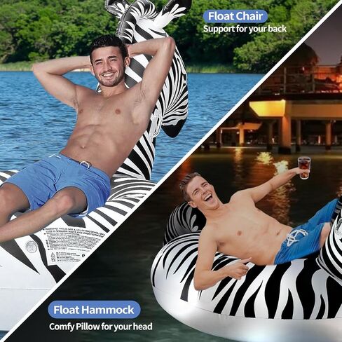 Inflatable Pool Floats Adult, Zebra Pool Float w/Solar Lights, Thicken PVC Large Pool Floats with Cup Holder&2 Handles, Glow in The Dark Pool Floaties Lounger for Pool Party Summer Water Fun in Kuwait