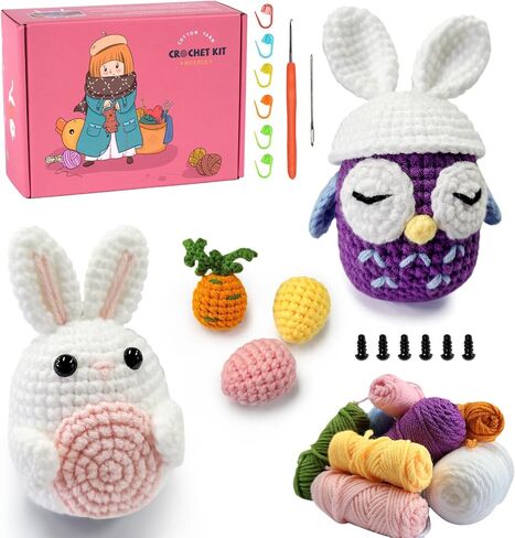 NUOLAN Crochet Kit for Beginners, Owl, Rabbit Crochet Kits for Kids and Adults Include Yarn, Step-by-Step Videos Tutorials, and a Crochet Hook - Crochet Animal Kit DIY Knitting Supplies in Saudi Arabia