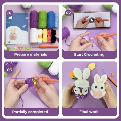 NUOLAN Crochet Kit for Beginners, Owl, Rabbit Crochet Kits for Kids and Adults Include Yarn, Step-by-Step Videos Tutorials, and a Crochet Hook - Crochet Animal Kit DIY Knitting Supplies in Saudi Arabia