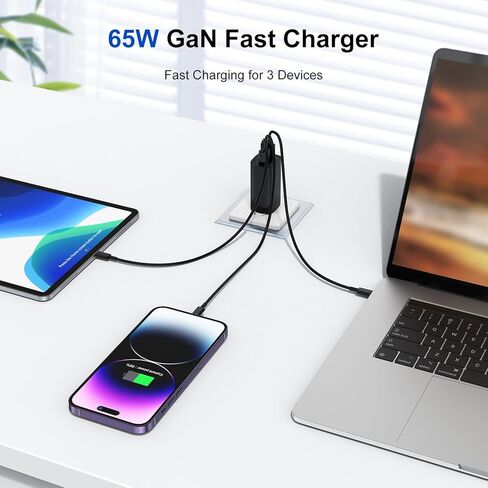 شاحن USB C بقدرة 65 وات، شاحن GaN PD3.0(PPS)، محول قابل للطي من النوع C مع شاحن حائط سريع بثلاثة منافذ متوافق مع MacBook Pro/Air، iPad Pro، Galaxy S22/S21، HP Spectre، Note20/10+، iPhone 14 / برو، وأكثر in Kuwait