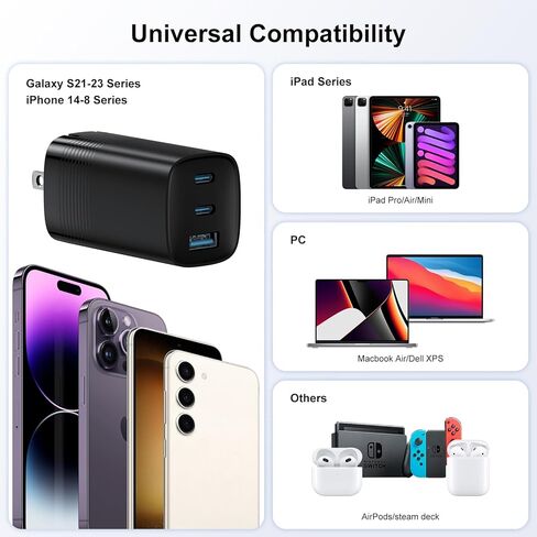 شاحن USB C بقدرة 65 وات، شاحن GaN PD3.0(PPS)، محول قابل للطي من النوع C مع شاحن حائط سريع بثلاثة منافذ متوافق مع MacBook Pro/Air، iPad Pro، Galaxy S22/S21، HP Spectre، Note20/10+، iPhone 14 / برو، وأكثر in Kuwait