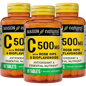 MASON NATURAL Vitamin C 500 mg with Rose HIPS and Bioflavonoids - Supports a Healthy Immune System, Antioxidant and Essential Nutrient, 90 Tablets (Pack of 3)