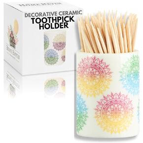Ceramic Toothpick Holder - Colorful Mandelas Design - Toothpicks Holder Dispenser and Cocktail Pick Holder - Perfect for Parties, Weddings, or any Get-Togethers with Friends