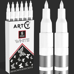 Acrylic Paint Pens - 6 White Acrylic Paint Markers Extra Fine Tip (0.7mm) | Great for Rock Painting, Canvas, Glass, Porcelain, Fabric, Paper, Pottery and Plastic