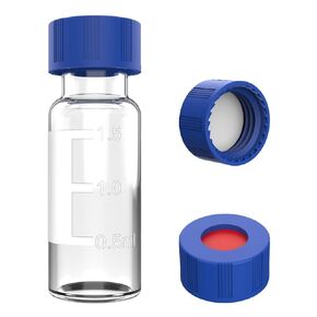 2mL Autosampler Vials with Caps, HPLC Vials, 9-425 Clear Glass Vial with Blue Screw Caps/Writing Patch/Graduation, White PTFE & Red Silicone-1000 Pcs
