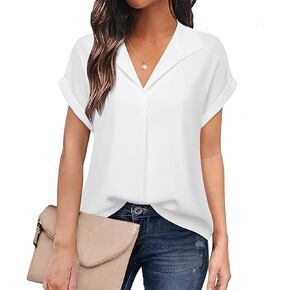 Women's Bat Wing V Neck Short Sleeve Chiffon Blouses for Office Work Business Attire Collared Casual Summer Shirts