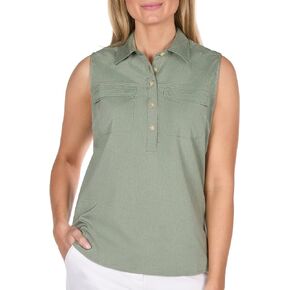 The American Outdoorsman Women's Sleeveless Collared Half-Button Shirt for Fishing, Camping or Hiking with UPF 40 Protection