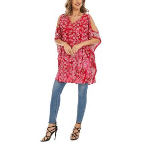 Coral BOHO Plus Size Women Batik Cold Shoulder Tunic Blouse Kaftan Top XL to 4X