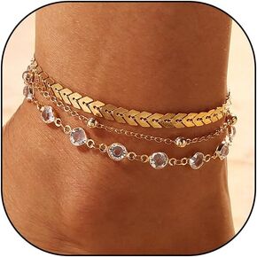 14K Gold Layered Chain Anklets, Cuban Chain Flat Snake Bone Chain Tennis Chain Anklet Set, Shiny Cubic Zirconia Charm Jewelry Gifts for Women Teen Girls