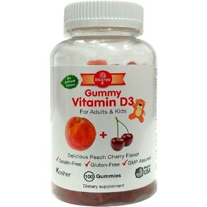 Vitamin D Gummy Bears - Pack of 100, for Adults & Kids | Peach & Cherry Flavored Chewable Vitamin D3 | Great for Healthy Bones, Teeth, Immune System, Brain and Nervous System