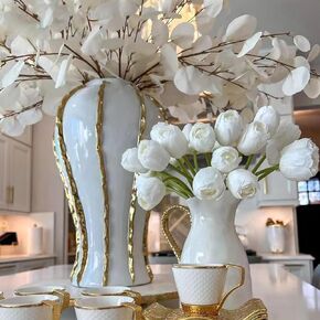 Ginger Jar, 14 inch White Ceramic Flower Vase with Gold Trim, Modern Decorative Vase Handmade for Weddings, Home, Office, Table, Living Room, Mantle Fireplace