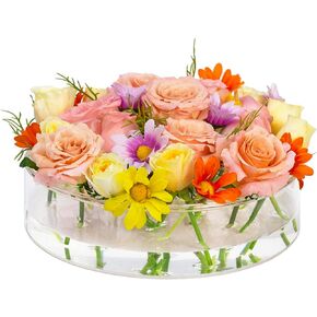 Round Acrylic Flower Vase (D:9.8" H:2.6"), Unique Vases for Flower Circular Leak-Proof Clear Low Vase | Cylinder Floral Centerpieces for Dining Table