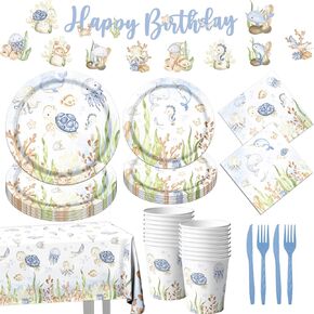 142pcs Under the Sea Birthday Tableware Under The Sea Theme Party Decorations Underwater Sea Life Baby Shower Party Supplies Disposable Banner,Tablecloth,Plates,Napkins,Cups,Forks and Knives