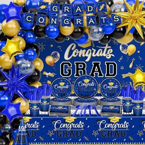 Graduation Party Decoration 181Pcs Class of 2024 Blue and Black Congrats Grad Party Supplies Disposable Dinnerware Plate Cup Napkin Backdrop Tablecloth Balloon Kit for Celebration Prom Party