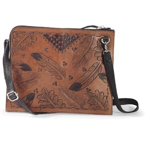Genuine Leather Crossbody Bag for Women, Designer Feather and Floral Tooled Purse, Ladies Shoulder Handbag, Top Zip Closure