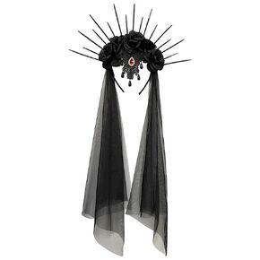 Halloween Black Rose Crown with Veil Spiked Halo Headband Vintage Gothic Flower Garland with Baroque Crystal Floral Hairband Headpiece for Cosplay Wedding Carnival Party