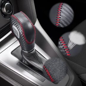 Compatible with DIY Genuine Leather Carbon Fiber Texure Gear Shift Knob Cover Interior Accessories Protective Cover for Ford Focus Mondeo Fusion Edge Autoamtic Shift Black Red Stitches