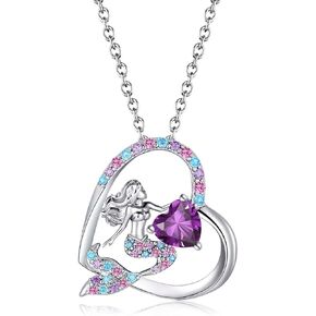 Mermaid Birthstone Necklace for Girls Heart Mermaid Tail Gifts for Teens Girls Birthday Jewelry for Daughter Granddaughter Niece