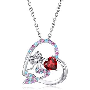 Mermaid Birthstone Necklace for Girls Heart Mermaid Tail Gifts for Teens Girls Birthday Jewelry for Daughter Granddaughter Niece