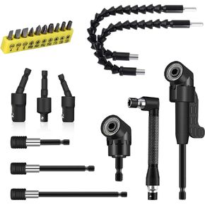 21 Pcs Right Angle Drill Attachment Set Includes 2Pcs Flexible Drill Bit Extension 3Pcs 360° Rotatable 1/4 3/8 1/2" Impact Grade Socket Adapter 3Pcs Drill Bit Holder 10 Short Screwdriver Bits